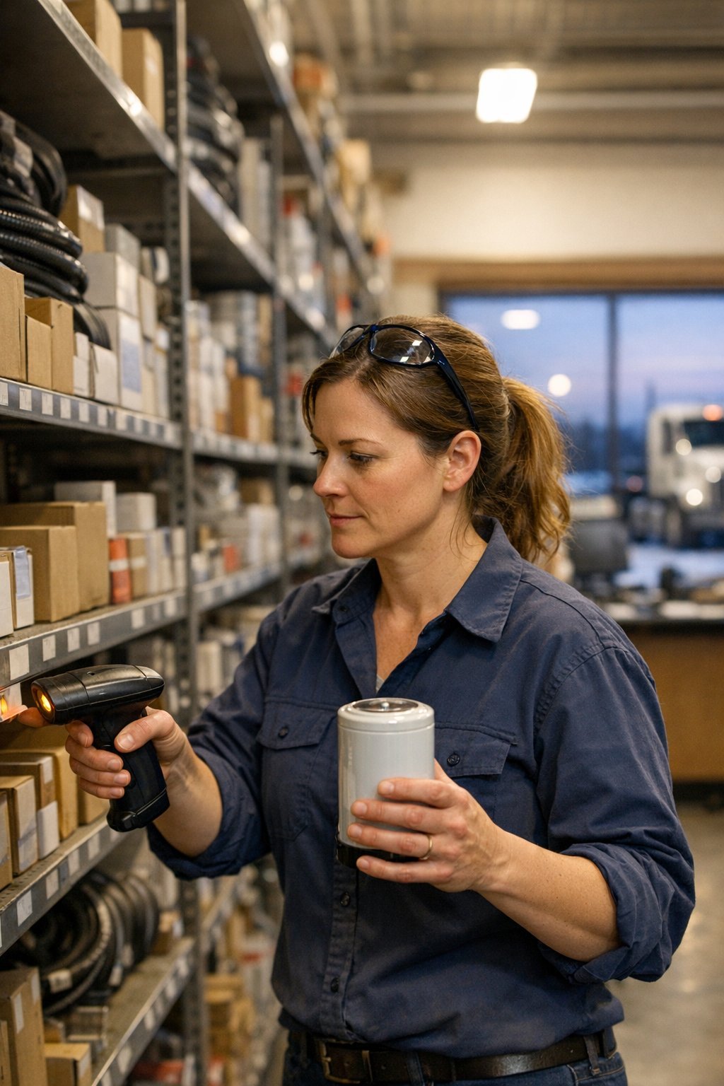 A parts technician in a navy work shirt, safety glasses pushed up on her head, holding a spin-on filter and aiming a handheld barcode scanner at a shelf label in a parts warehouse aisle, with a truck outside the window behind her
