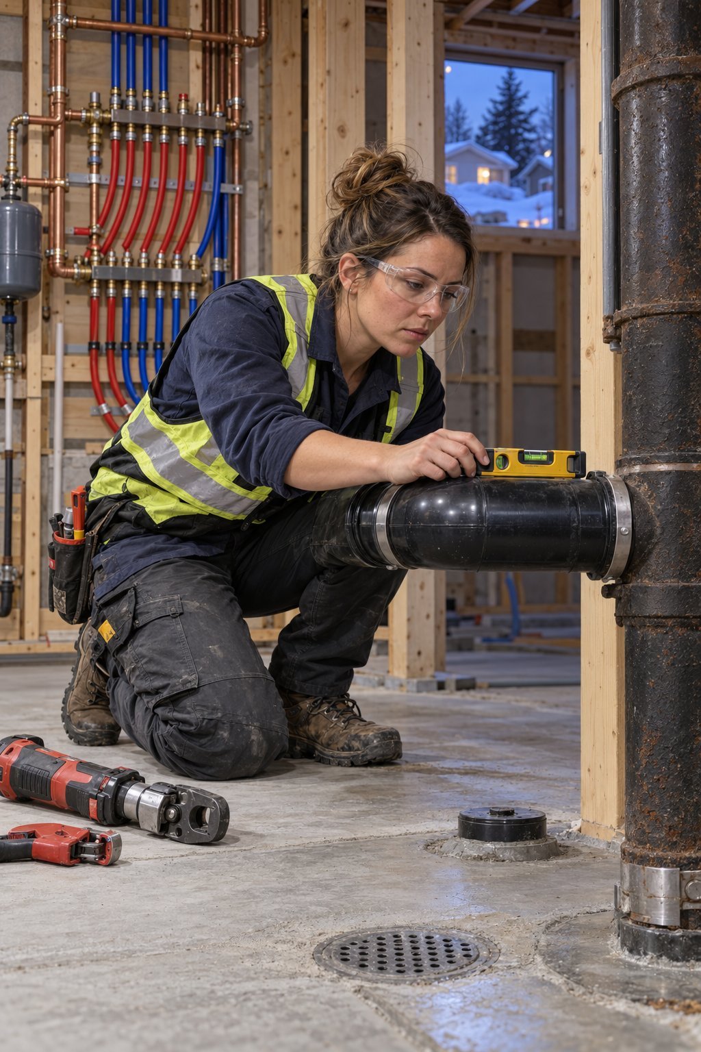 A journeyperson plumber in safety glasses and a hi-vis vest at a basement rough-in, a copper manifold with red and blue PEX runs behind her and a cast-iron stack beside her
