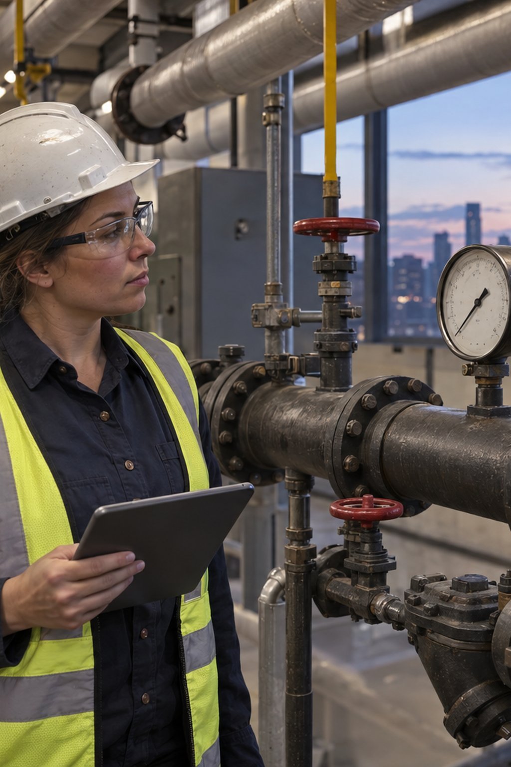 A steamfitter checking a steam header gauge with a tablet in a boiler plant