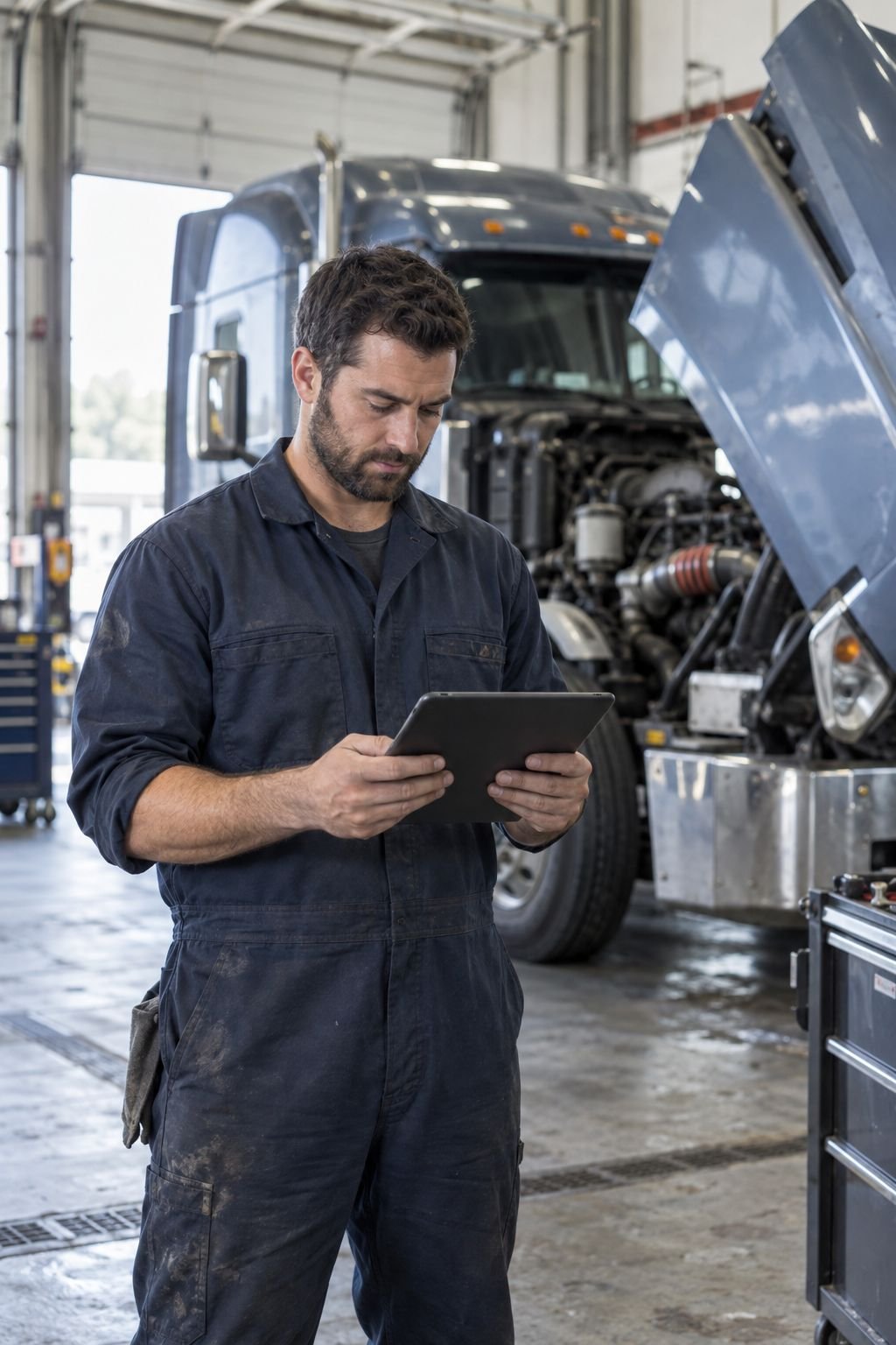 A truck and transport mechanic studying for the Red Seal 310T exam on a tablet in a heavy truck service bay