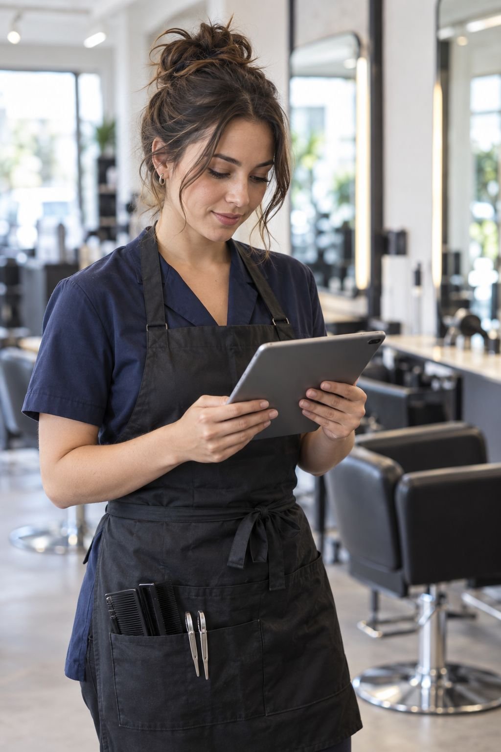 A hairstylist studying for the Red Seal 332A exam on a tablet in a salon