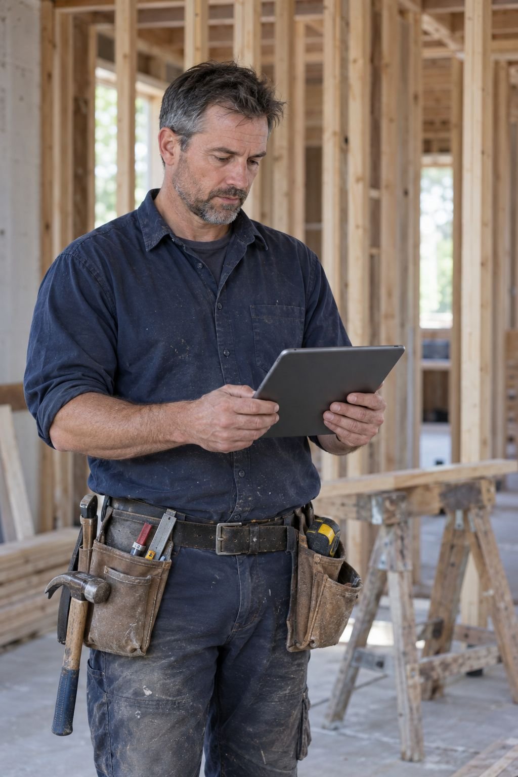 A carpenter studying for the Red Seal 403A exam on a tablet at a framing site