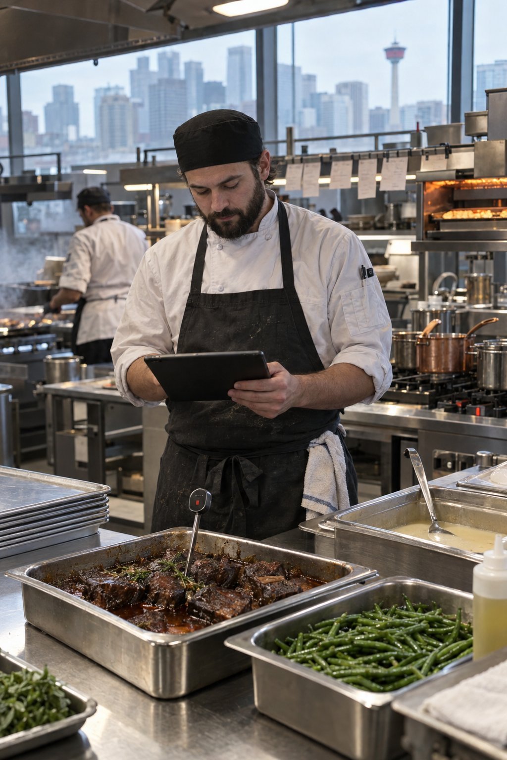 A cook studying for the Red Seal 415A exam on a tablet in a commercial kitchen