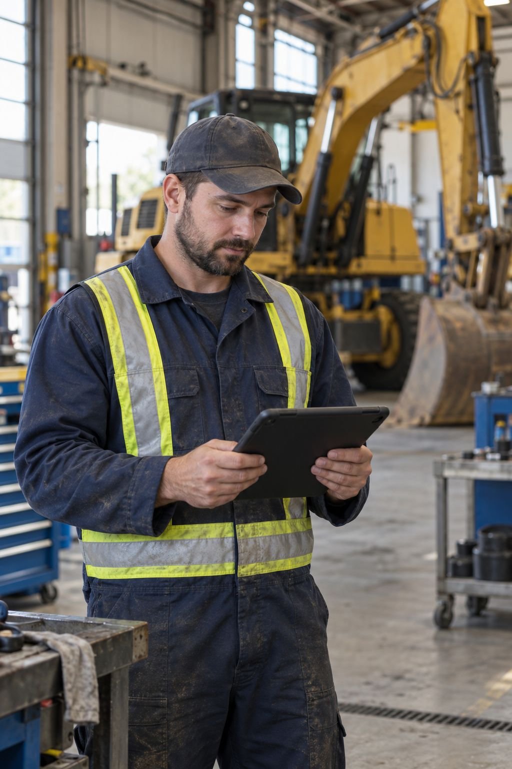 A heavy duty equipment technician studying for the Red Seal 421A exam on a tablet in a shop with an excavator
