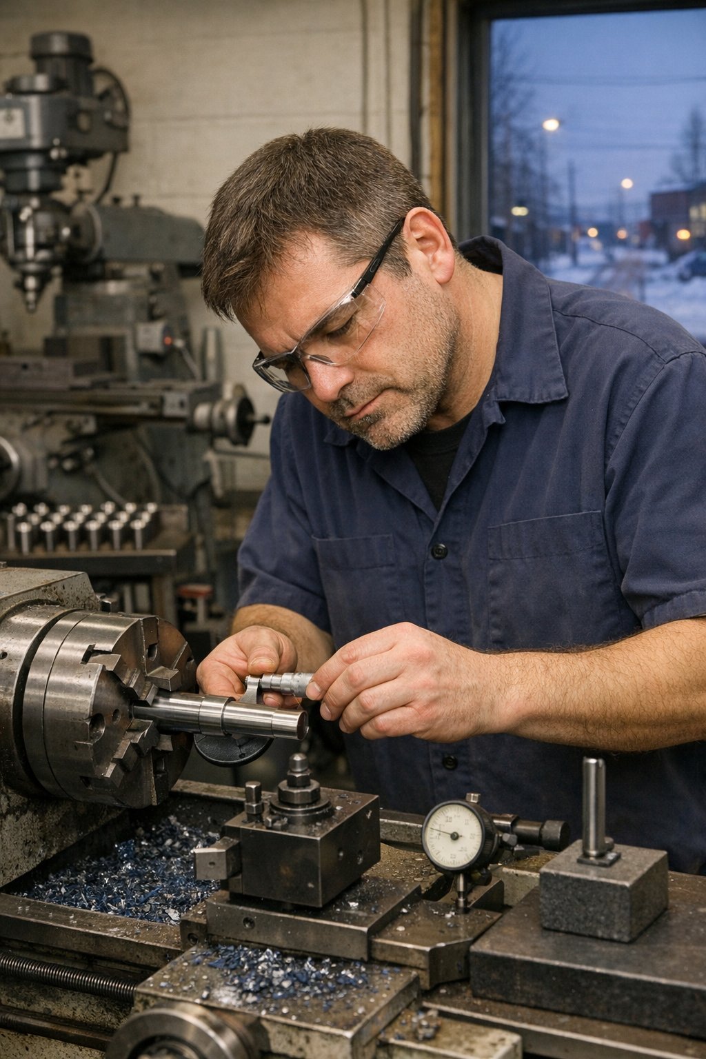 A machinist in safety glasses and a navy work shirt measuring a freshly turned steel shaft with an outside micrometer at a stopped lathe, a knee-type milling machine and a rack of collets behind him