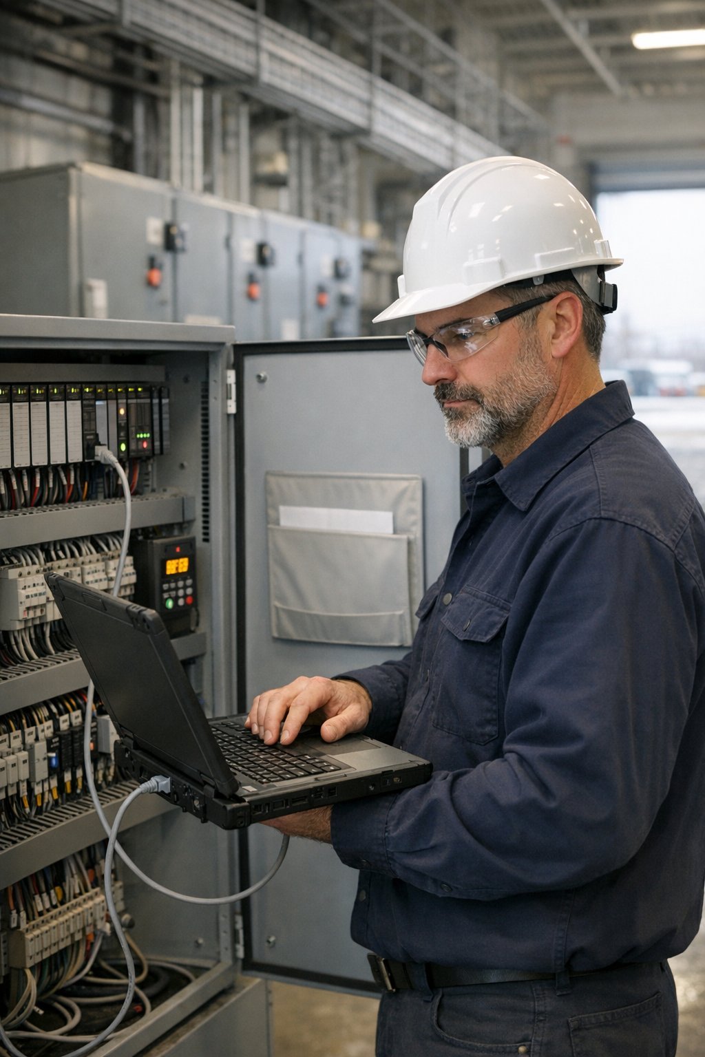 An industrial electrician in a white hard hat, safety glasses and a navy work shirt working on a rugged laptop cabled into an open PLC control cabinet full of I/O modules and terminal blocks, with motor control centre sections behind him