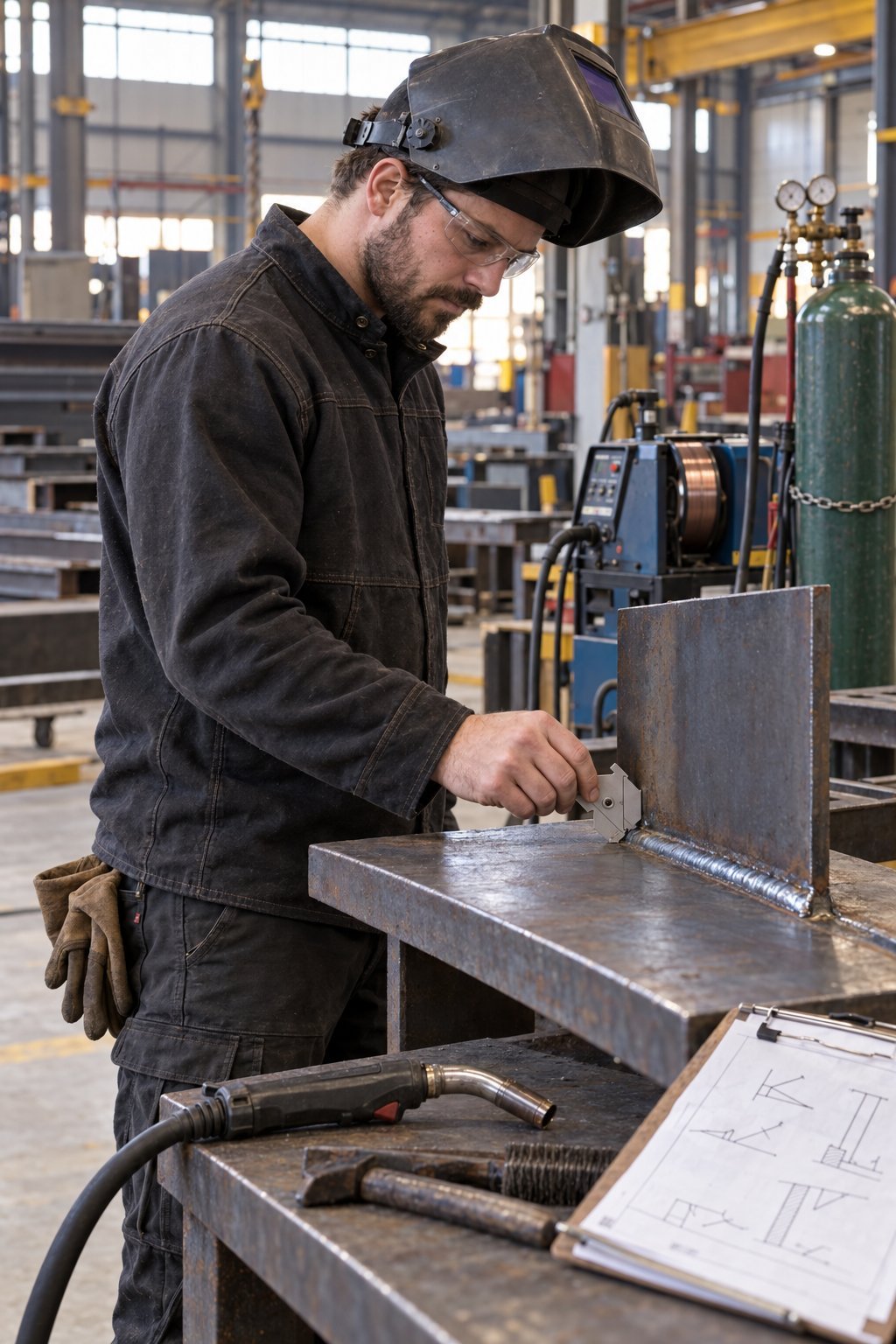 A welder with his helmet flipped up checking a fresh fillet weld with a weld gauge on a fabrication table, wire feeder and argon cylinder behind