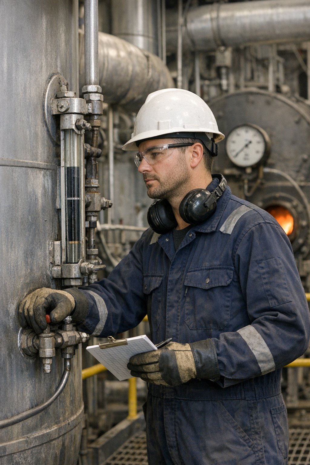 A power engineer in a white hard hat, safety glasses and navy coveralls, with earmuffs around his neck, checks the gauge glass on a boiler and holds a log sheet, with a pressure gauge and the burner flame behind him