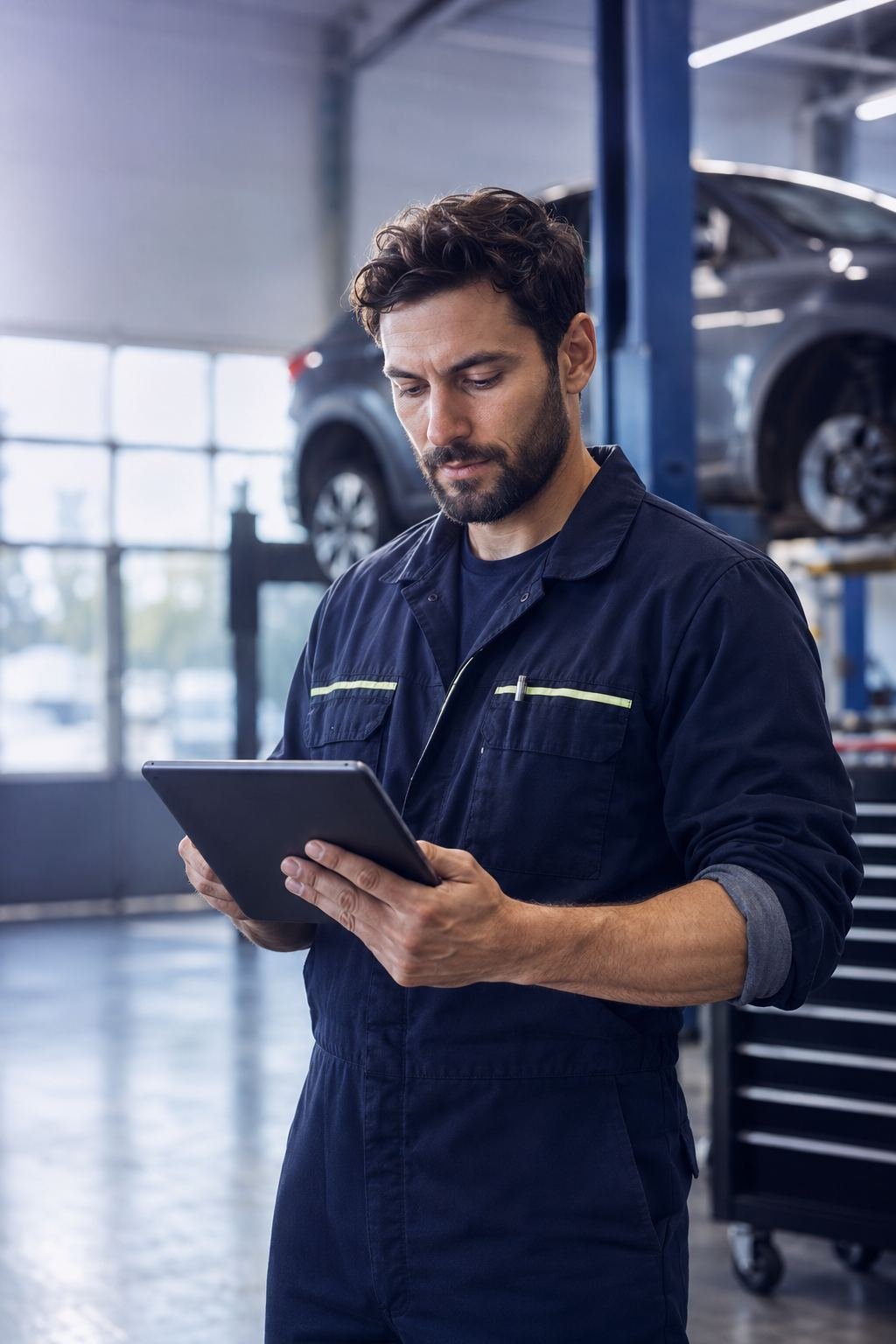 A Red Seal automotive technician studying for the certification exam on a tablet in a shop