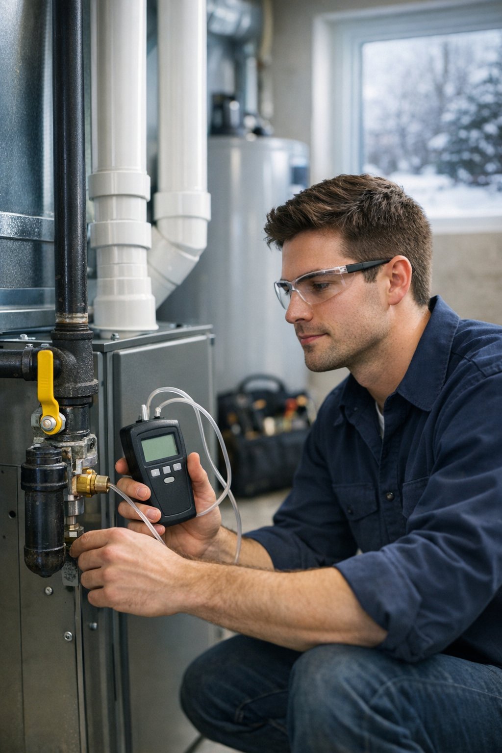 A gas technician in safety glasses checks the gas pressure at a furnace with a digital manometer, beside a black-iron gas line with a yellow-handled shutoff valve, in a basement with snow outside the window
