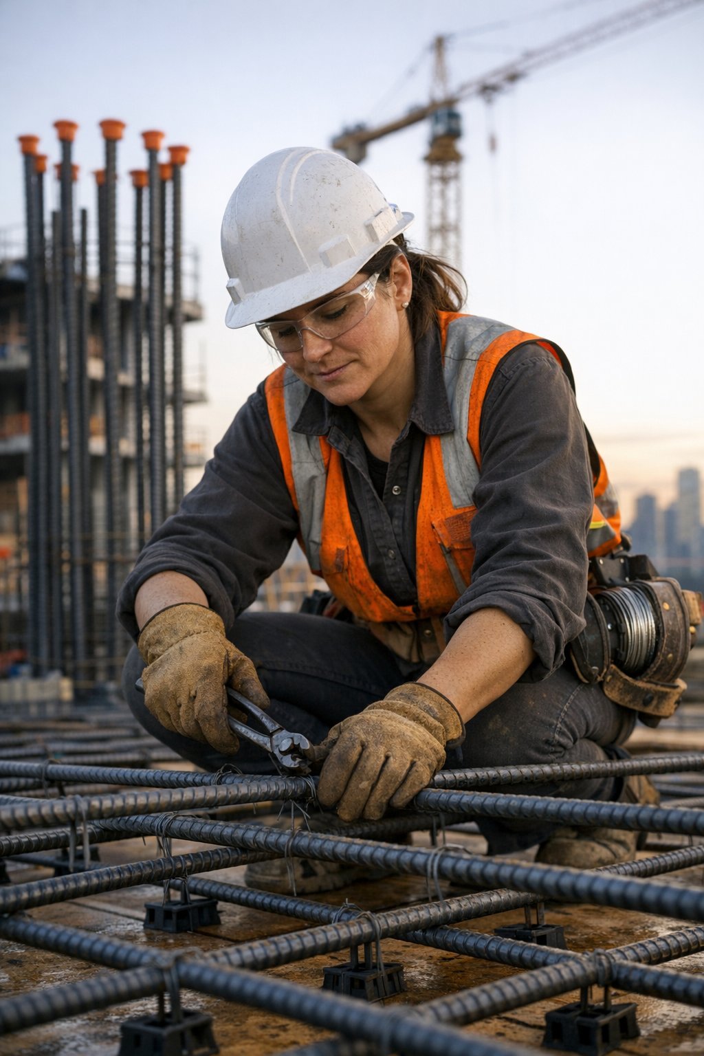 An ironworker in a white hard hat, safety glasses and an orange high-visibility vest kneeling on a rebar mat set on plastic chairs, tying a bar crossing with pliers, a reel of tie wire on her belt, with capped vertical bars and a tower crane behind her